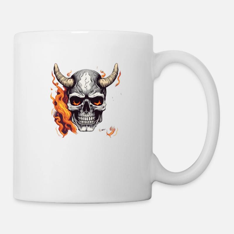 Crâne cornu avec feu | Art autocollant - Mug blanc - blanc