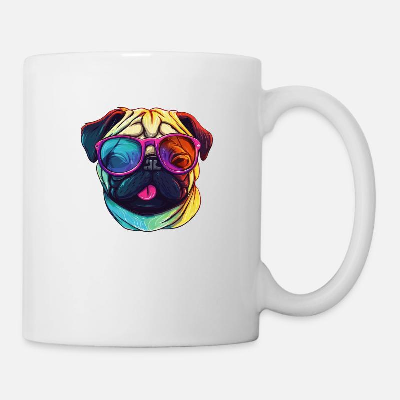 Mops Hund mit bunter Sonnenbrille - Tasse - Weiß
