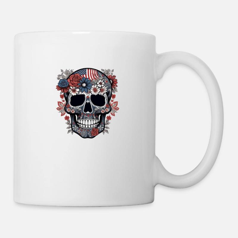 Skull with USA flag and floral pattern - Mug - white