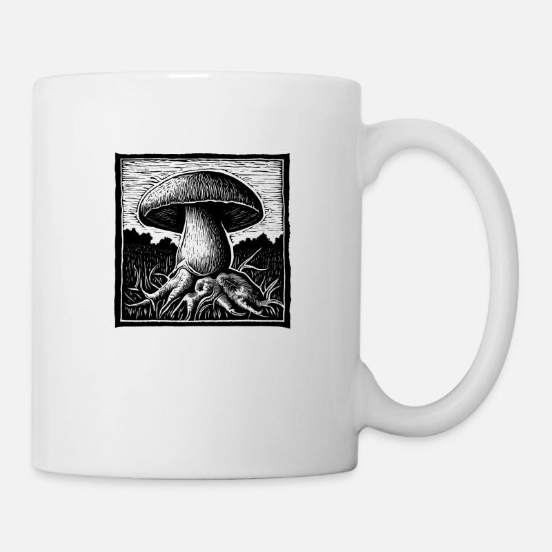 Steinpilz Retro-Kunst mit schwarzem Linolschnitt - Tasse - Weiß