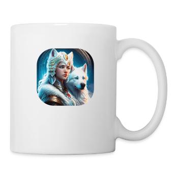 futuristisches Design: Wikingerprinzessin mit Hund - Tasse - Weiß - Rechts