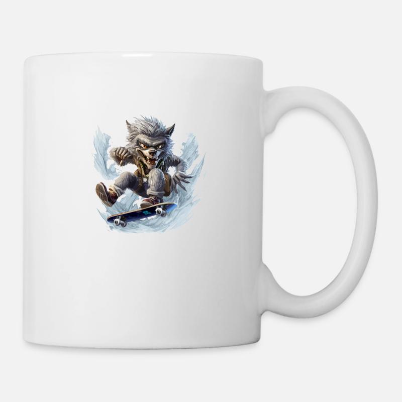 Howling Ollies: Moonlit Skateboarding Werewolf Tee - Mug - white