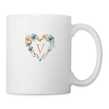 V Monogramm Herz Blumen Kranz - Tasse - Weiß - Rechts