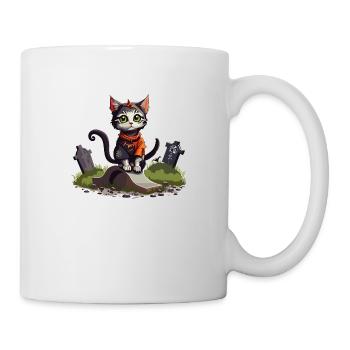Katze Halloween Friedhof - Tasse - Weiß - Rechts
