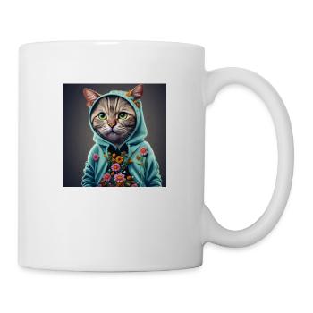 Katze mit Kapuze und Blumen - Tasse - Weiß - Rechts