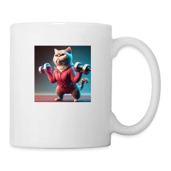 cute funny cat illustration lifting weight workout - Mug - white - Right