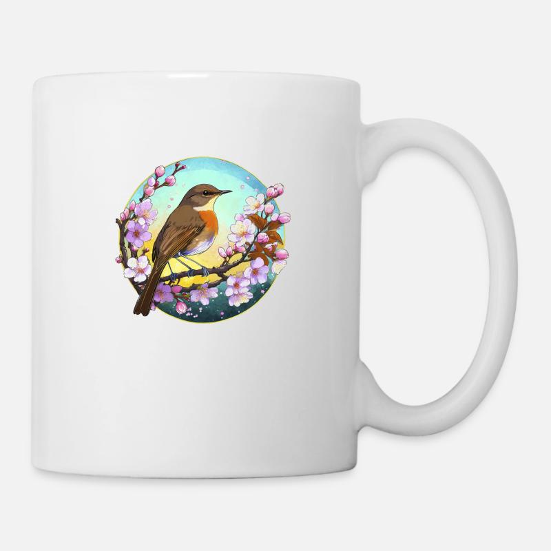 Ein Rotkehlchen auf einem Kirschblütenzweig - Tasse - Weiß
