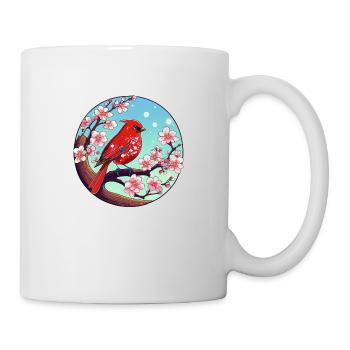 Cardinal rouge sur une branche de cerisier en fleurs - Mug blanc - blanc - Droite