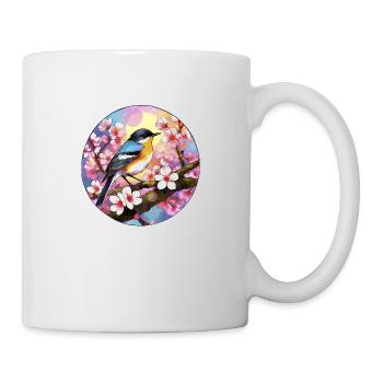 Oiseau coloré sur une branche de cerisier en fleurs - Mug blanc - blanc - Droite