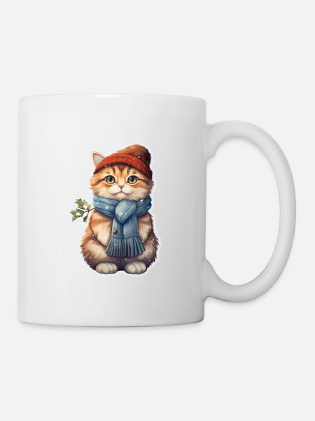 Katze im Winter mit Mütze und Schal - Tasse - Weiß