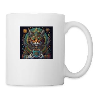 Katzen-Gottheit mit Kaffe im All - Tasse - Weiß - Rechts