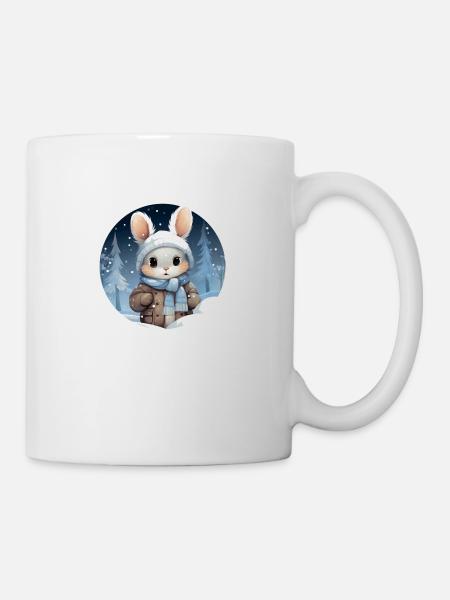 Warm eingepacktes niedliches Häschen im Winterwald - Tasse - Weiß