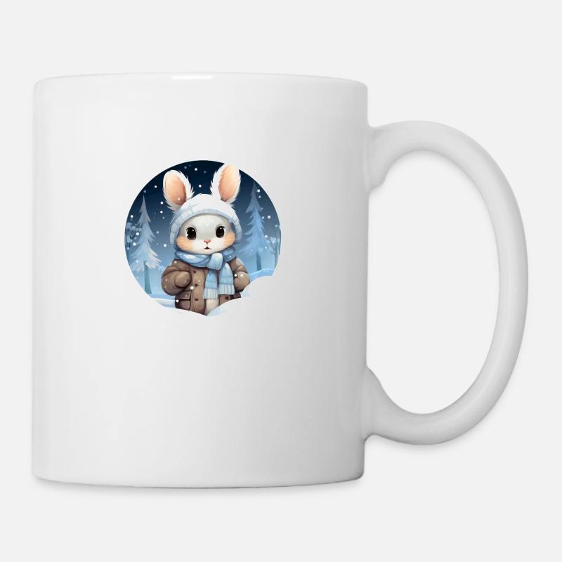 Warm eingepacktes niedliches Häschen im Winterwald - Tasse - Weiß