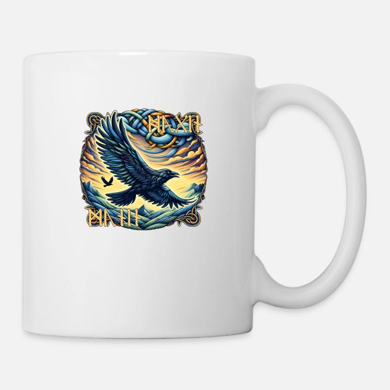 Hugin & Munin - Odins Raben mit Runenschrift - Tasse - Weiß