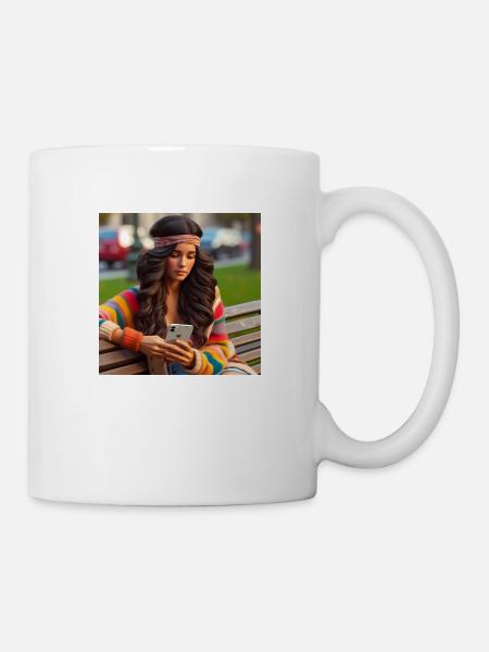 80s young woman using on park bench with smartphone - Mug - white