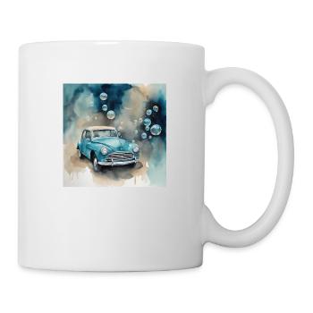 hellblaues Auto mit Seifenblasen im Hintergrund - Tasse - Weiß - Rechts