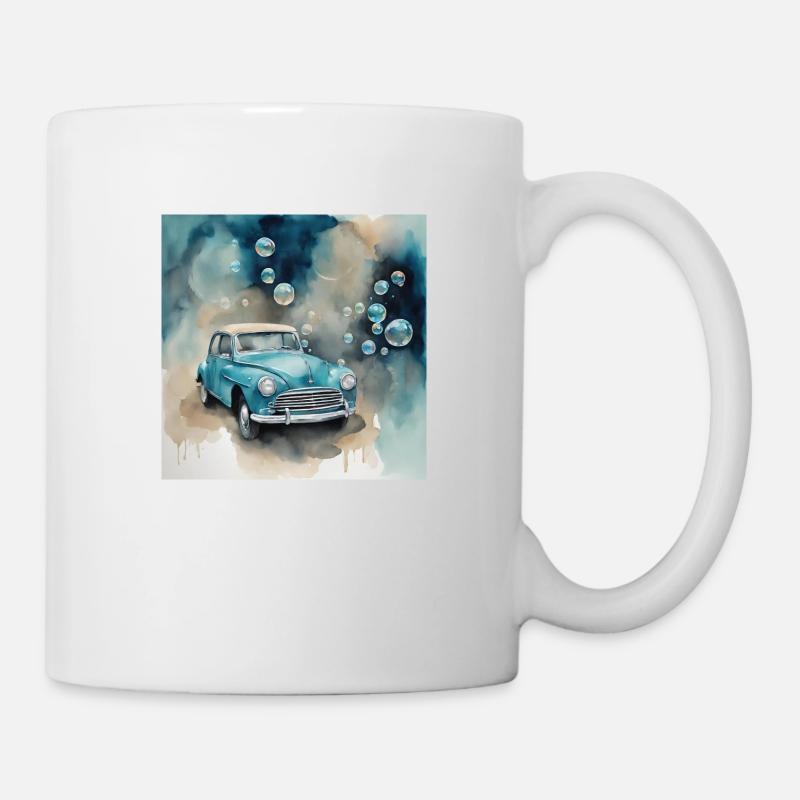 hellblaues Auto mit Seifenblasen im Hintergrund - Tasse - Weiß