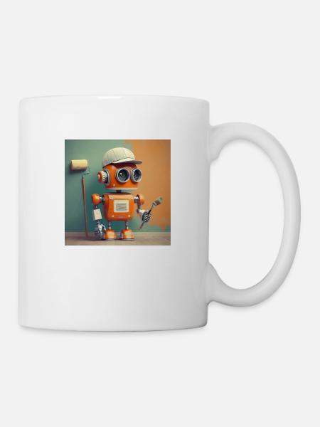niedlicher kleiner orangefarbener futuristischer Vintage-Roboter - Tasse - Weiß