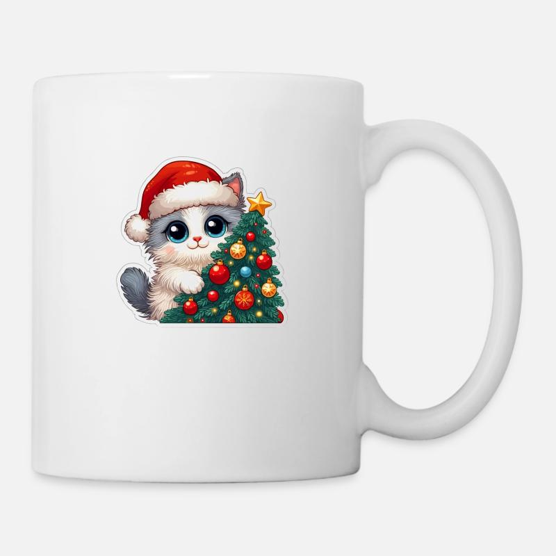 Chaton de Noël mignon et arbre décoré Art - Mug blanc - blanc