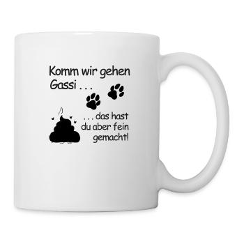 Komm wir gehen Gassi: Belohnung in Pfotenform - Tasse - Weiß - Rechts