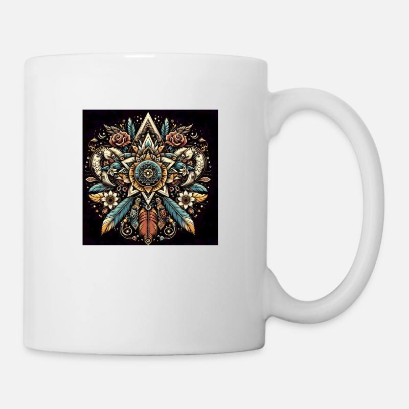 Mandala mit Blüten und Federn - Tasse - Weiß