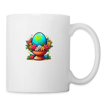 Die Erde in einem Eierglas mit Blumen drumherum - Tasse - Weiß - Rechts