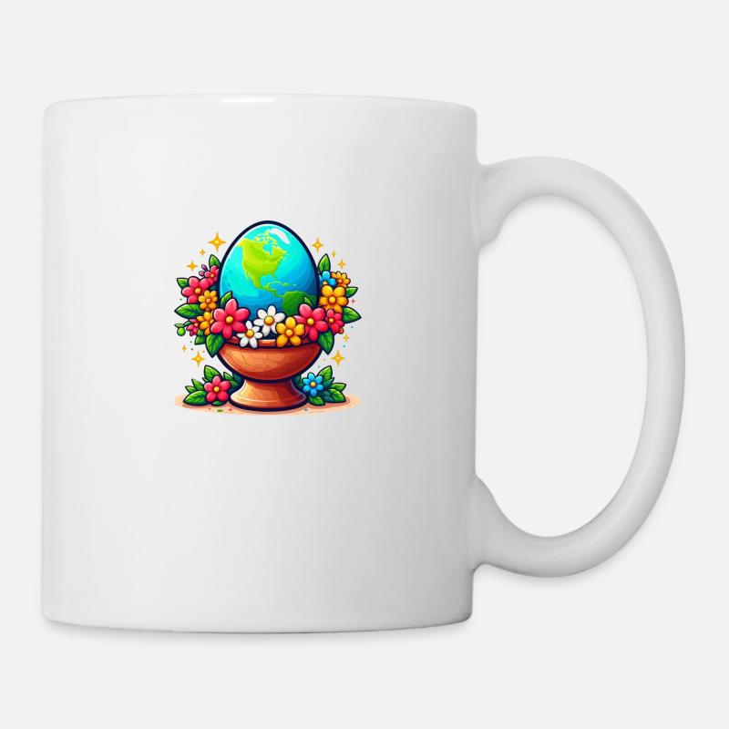 Die Erde in einem Eierglas mit Blumen drumherum - Tasse - Weiß