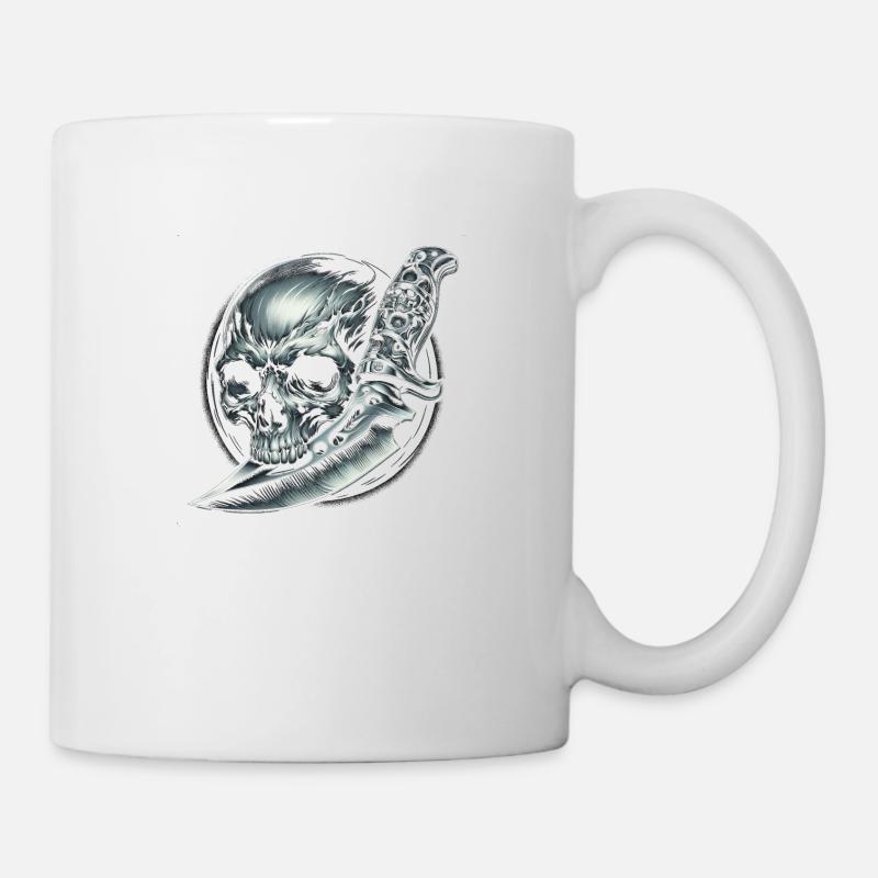 Ewiger Verteidiger: Totenkopf mit graviertem Messer - Tasse - Weiß