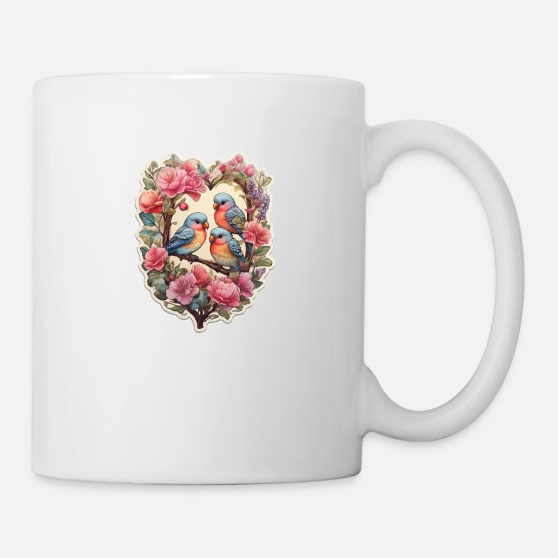 Deux tourtereaux assis sur un as en forme de cœur - Mug blanc - blanc