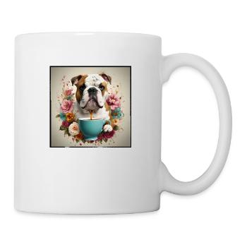 Old English Bulldog, coffee and flowers - Mug - white - Right