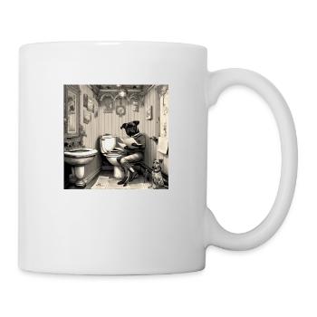 Dog reading newspaper in bathroom ,retro look - Mug - white - Right