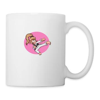 Schönheit, Gehirn und ein Schwarzgurt-Cartoon - Tasse - Weiß - Rechts
