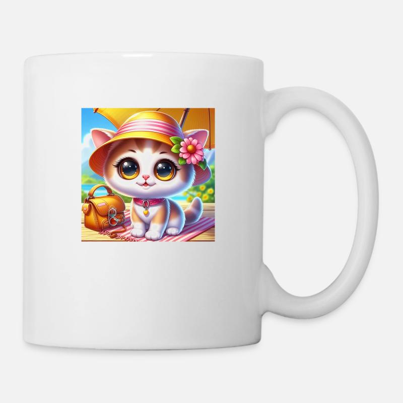 Cute summer kitten on the beach with summer hat - Mug - white