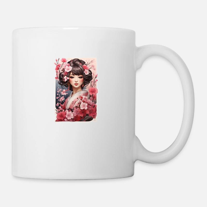 Woman in kimono with cherry and plum patterns - Mug - white