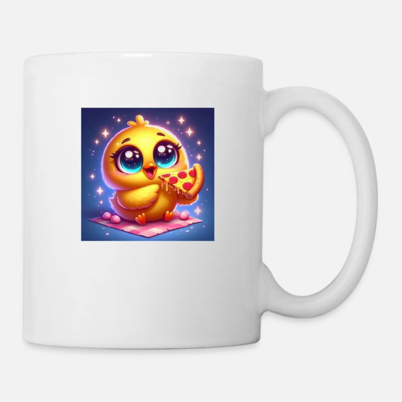 Poussin mignon avec de grands yeux mangeant de la pizza - Mug blanc - blanc