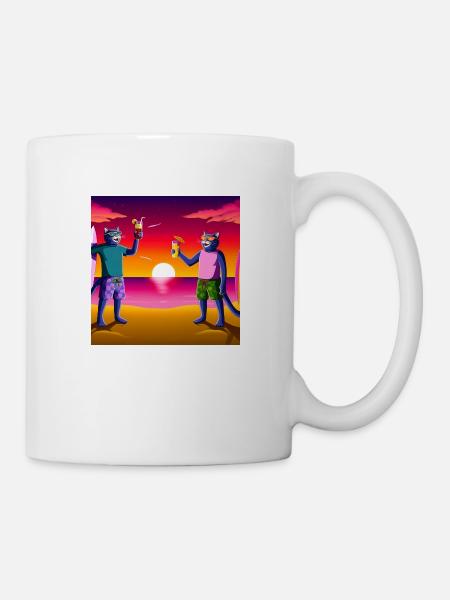 Gato Loco Surfdudes Cats Sunset Sea Beach Cat - Mug - white