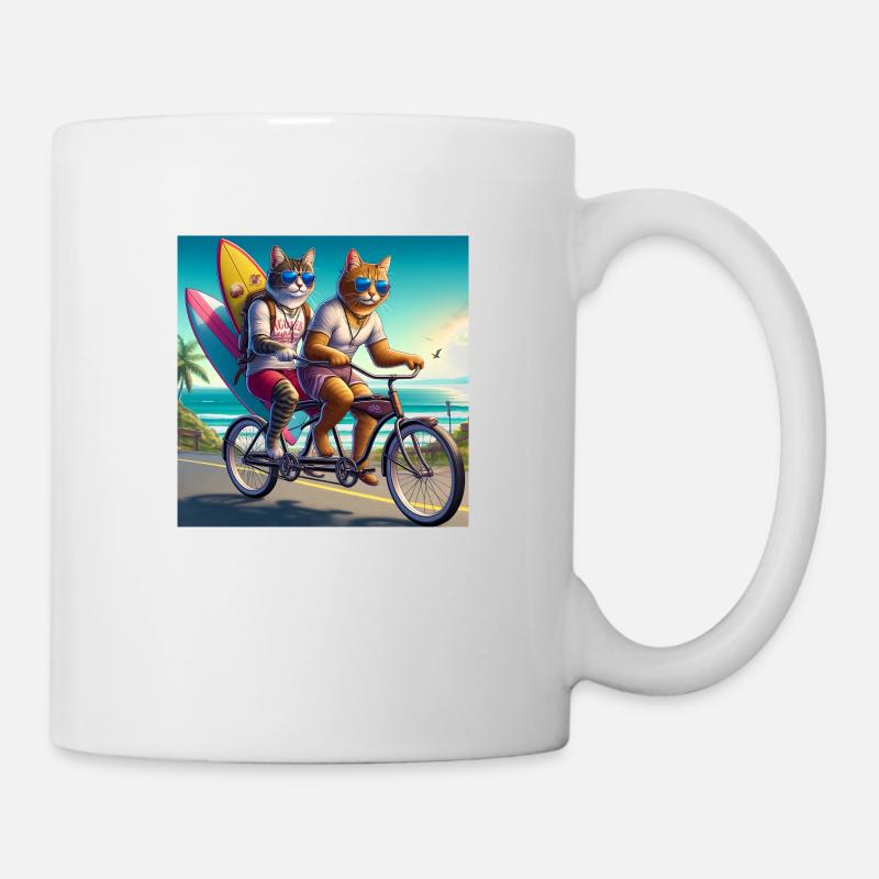 Gato Loco Riding Cat Dudes Bicycle Cat Surfer - Mug - white