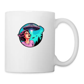 Panicked woman is in fear of UFOs in the sky. - Mug - white - Right