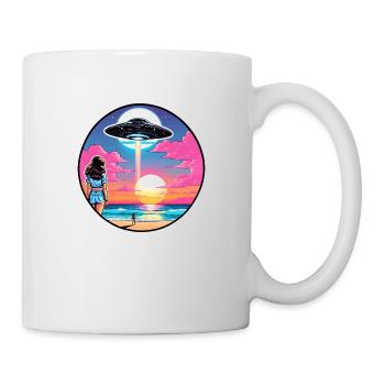 Two women at the beach are looking at a UFO. - Mug - white - Right