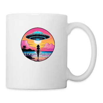 Woman stands at beach and is looking at UFO. - Mug - white - Right