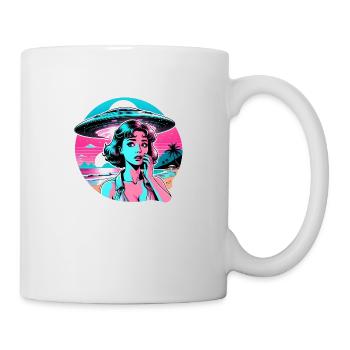 Woman looks at UFO in fear. - Mug - white - Right
