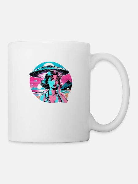 Woman looks at UFO in fear. - Mug - white