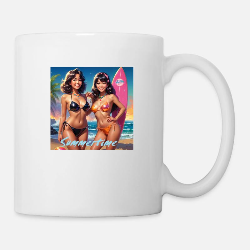 Das Bild zeigt drei Skelette, die auf farbenfrohen - Tasse - Weiß