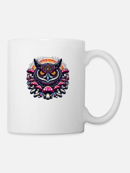 Bunte Eule mit Pilzen - Tasse - Weiß