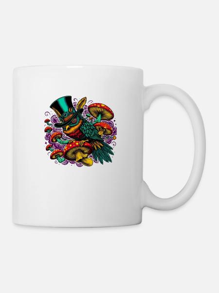 Bunte Eule mit Zylinderhut - Tasse - Weiß