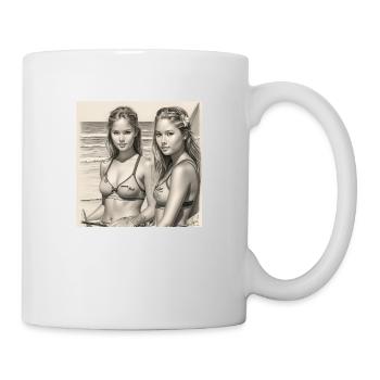 Surferinnen am Strand: Detaillierte Bleistiftzeich - Tasse - Weiß - Rechts