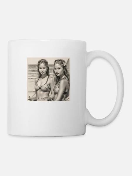 Surfeuses sur la plage : dessins détaillés au crayon - Mug blanc - blanc
