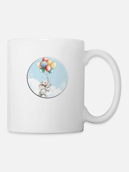 Elefant mit Bunten Luftballons als Glücksbringer - Tasse - Weiß