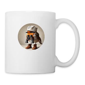 Robin with newspaper hat and binoculars - Mug - white - Right