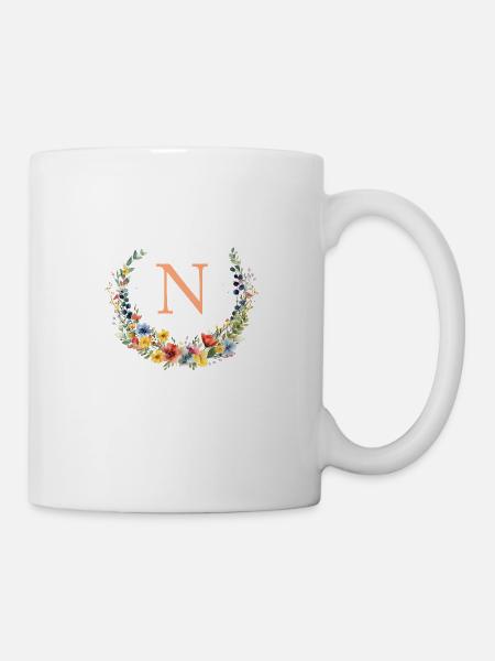 N Monogram Floral, Couronne florale, Personnalisable - Mug blanc - blanc